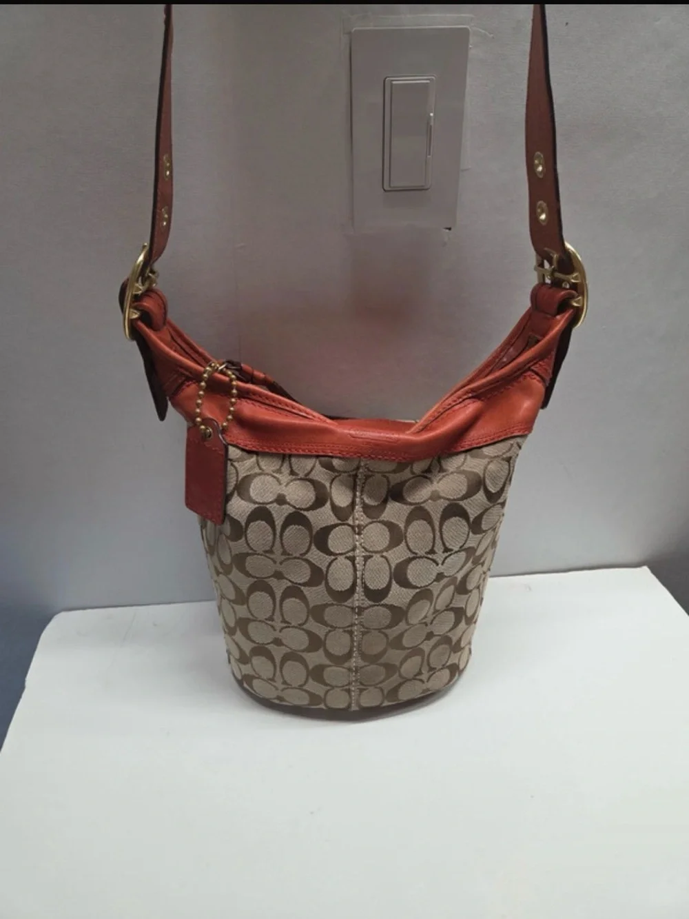 Coach Brown Signature Canvas Bucket Bag with Rust Leather Trim
